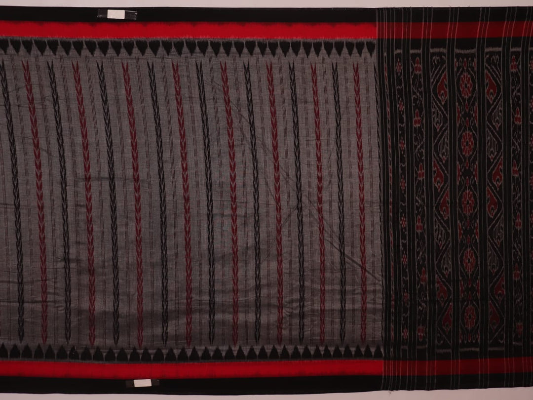 Grey and black Sambalpuri cotton saree draped, showcasing overall look and handloom texture.
