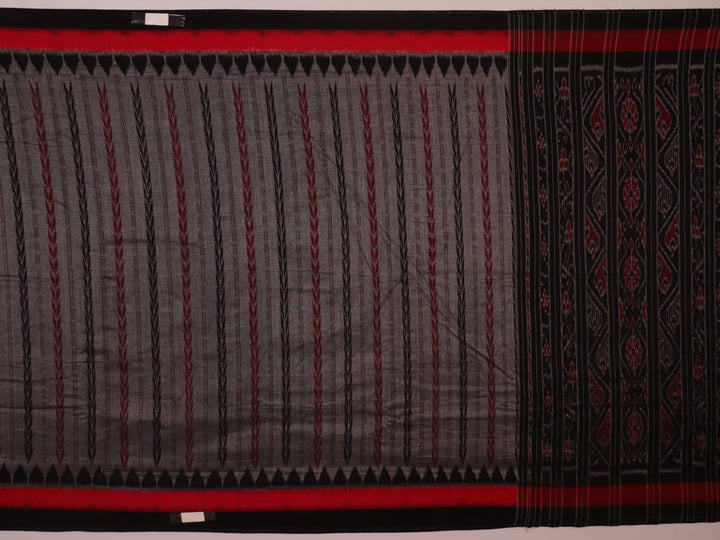 Grey and black Sambalpuri cotton saree draped, showcasing overall look and handloom texture.