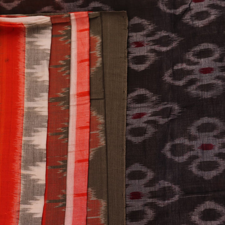 Draped view of a multicolor cotton Sambalpuri saree with intricate motif patterns on the body and pallu