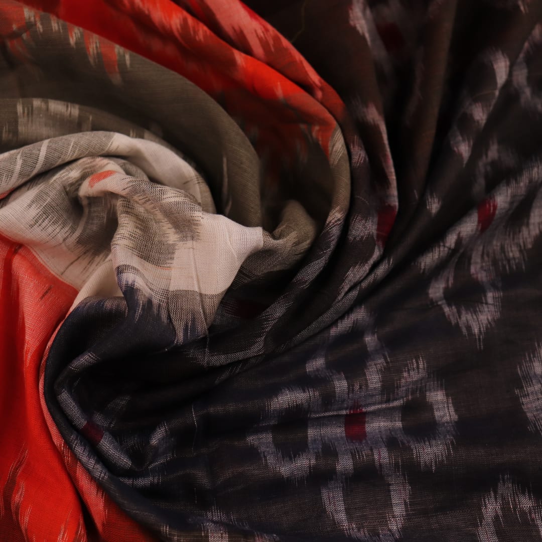 Draped view of a multicolor cotton Sambalpuri saree with intricate motif patterns on the body and pallu