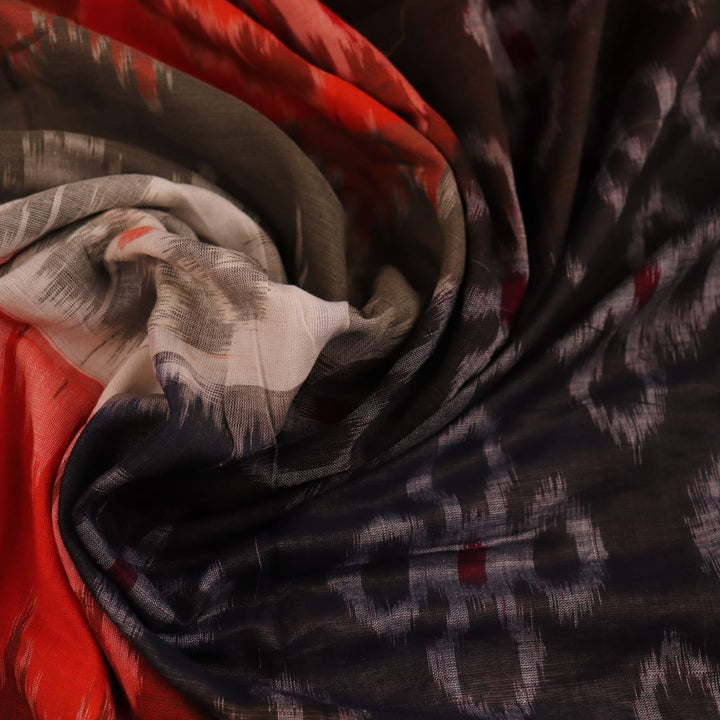 Draped view of a multicolor cotton Sambalpuri saree with intricate motif patterns on the body and pallu