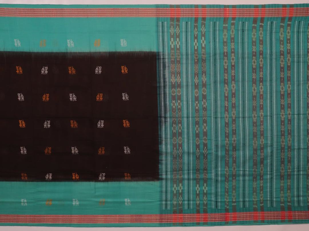 Full view of a brown and green Bomkai cotton saree with Doll pattern.