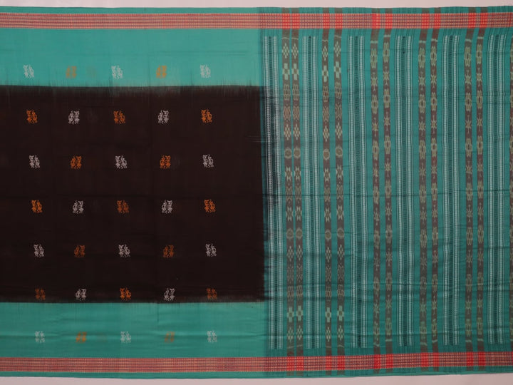 Full view of a brown and green Bomkai cotton saree with Doll pattern.