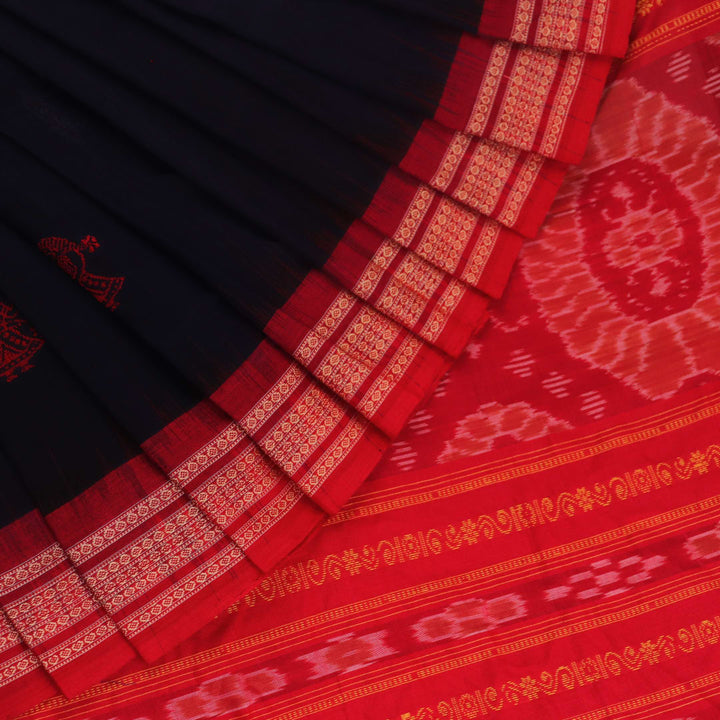 Full view of a blue and red Bomkai Cotton Saree with doll pattern.