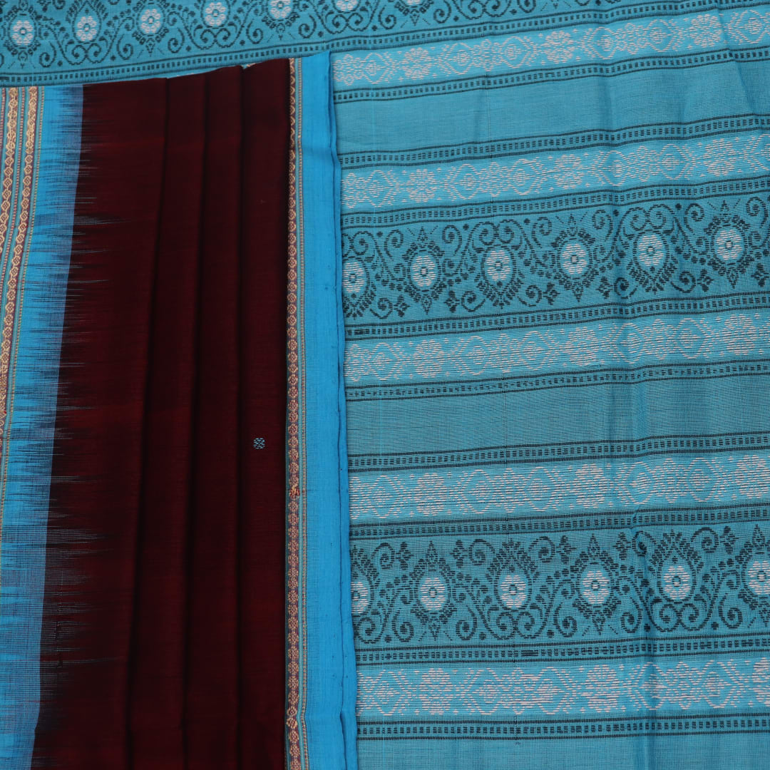 Full view of a maroon and blue Bomkai Cotton Saree with butta pattern.