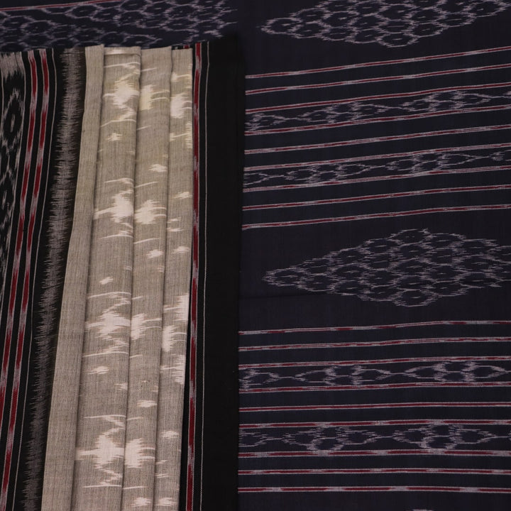 Styled Grey and Black Sambalpuri Cotton Saree with motifs, showcased draped.