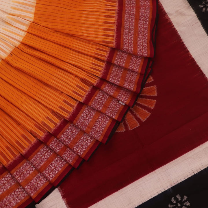Full view of a striped Off-white and Maroon Sambalpuri Cotton Saree.