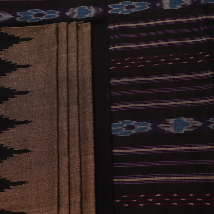 Full display of a handwoven plain grey Sambalpuri cotton saree with black details.