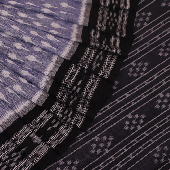 Elegantly styled and draped grey and black Sambalpuri cotton saree with motifs.