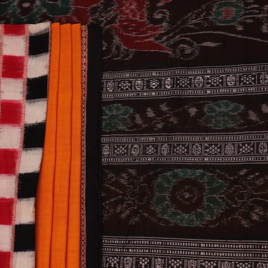 Full view of a yellow and black Sambalpuri cotton saree with butta pattern.