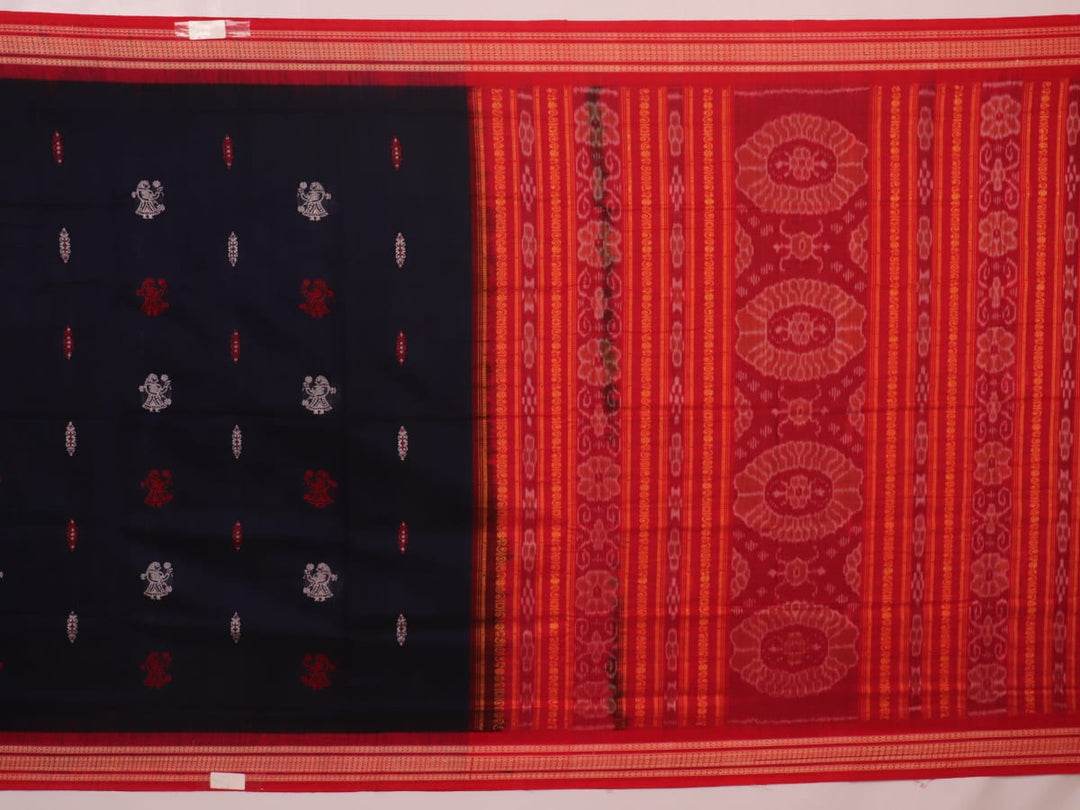 Full view of a blue and red Bomkai Cotton Saree with doll pattern.