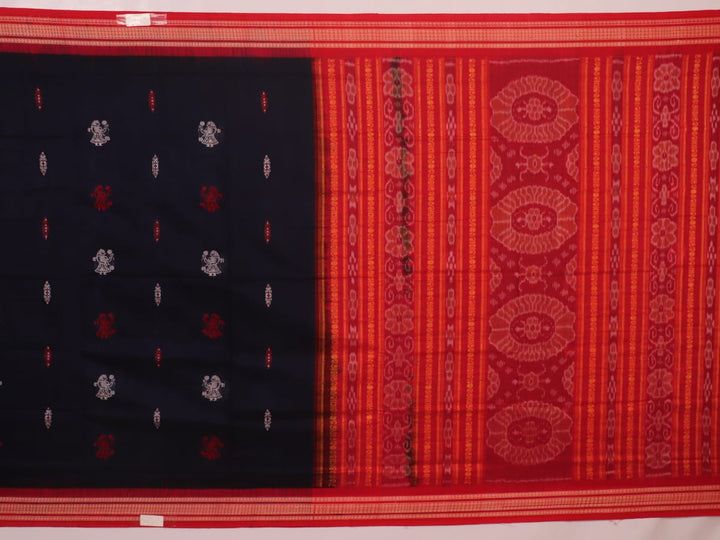 Full view of a blue and red Bomkai Cotton Saree with doll pattern.