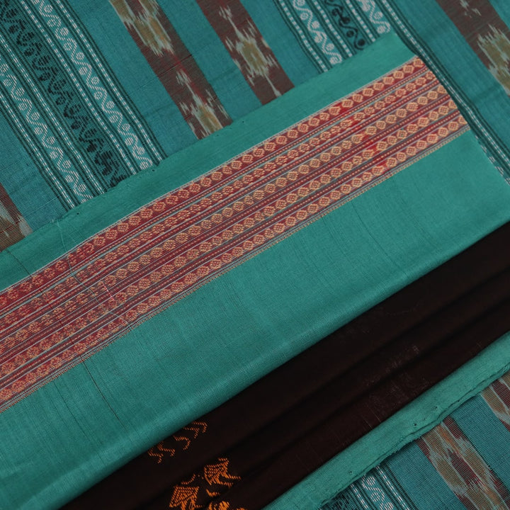 Full view of a brown and green Bomkai cotton saree with Doll pattern.