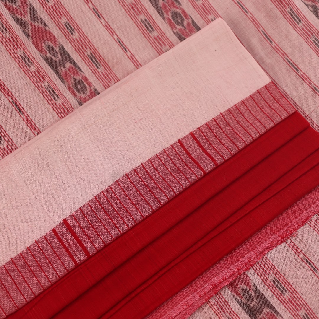 Full view of a plain red and white handloom Sambalpuri cotton saree.