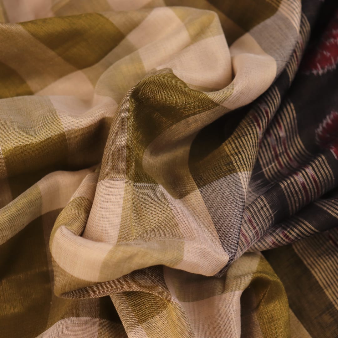 Full view of a handloom multi-color and black Sambalpuri cotton saree with motifs.