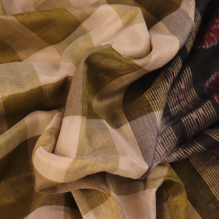 Full view of a handloom multi-color and black Sambalpuri cotton saree with motifs.