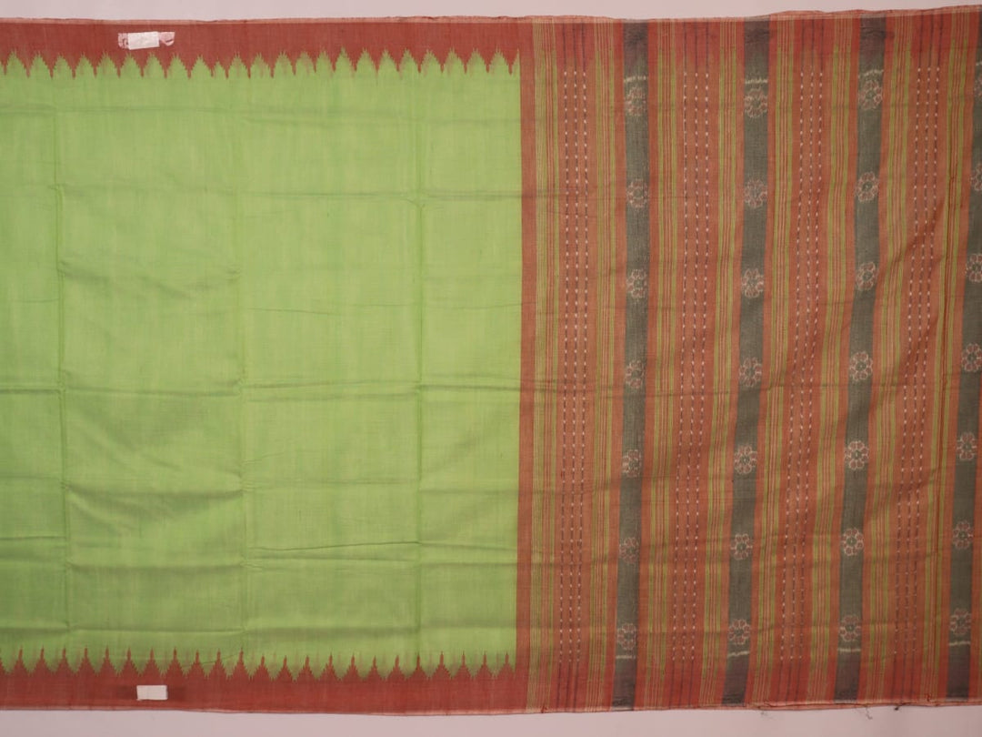 Full view of a plain green and brown Sambalpuri cotton saree.