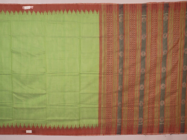 Full view of a plain green and brown Sambalpuri cotton saree.