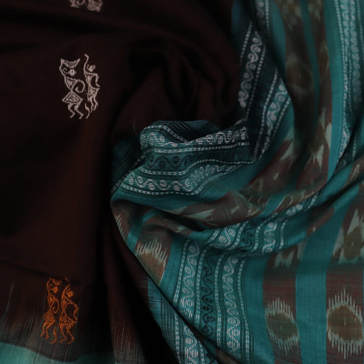 Full view of a brown and green Bomkai cotton saree with Doll pattern.