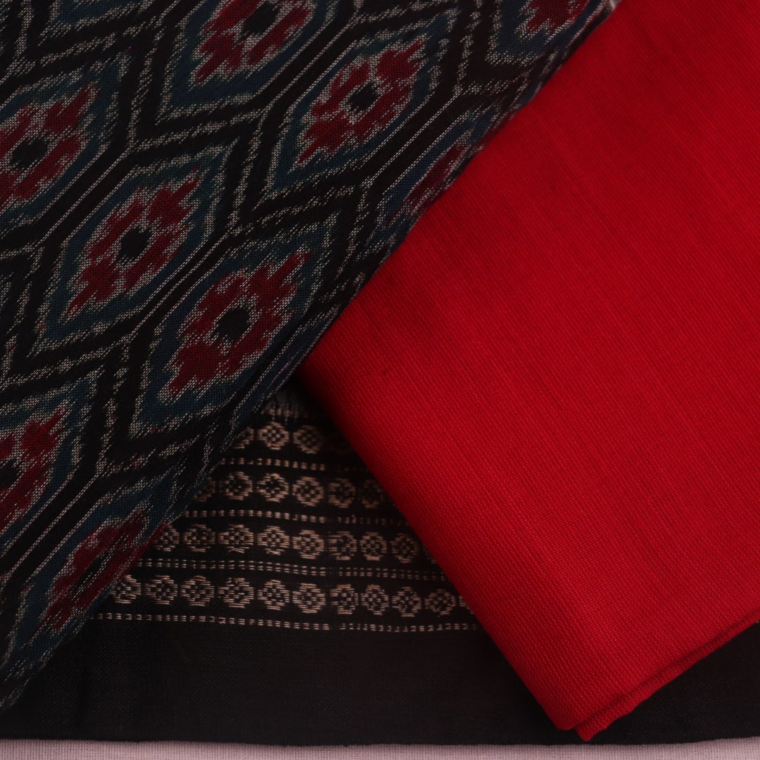 Black and red Sambalpuri cotton blouse piece with motifs.