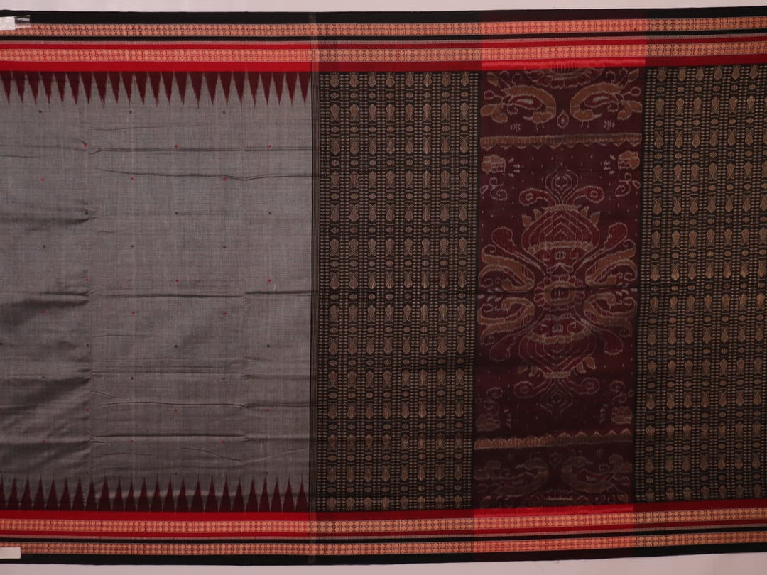 Full view of grey Bomkai cotton saree, featuring black border and butta pattern.