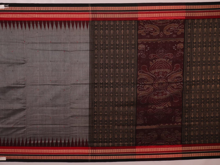 Full view of grey Bomkai cotton saree, featuring black border and butta pattern.