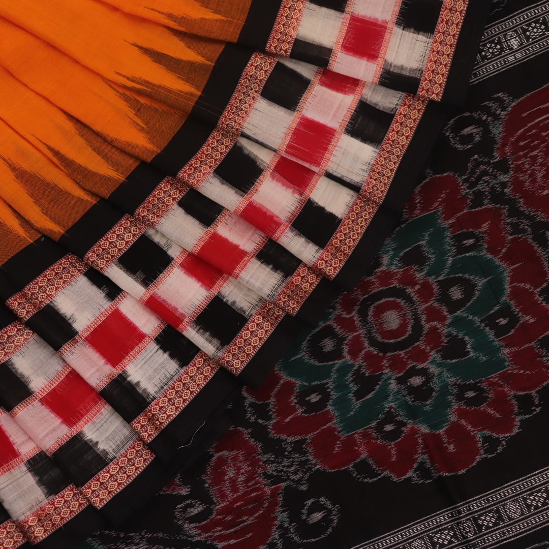 Full view of a yellow and black Sambalpuri cotton saree with butta pattern.