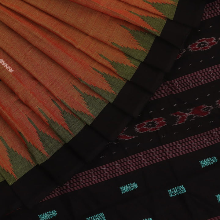 Full view of a multi-color and black Sambalpuri cotton saree with butta pattern.