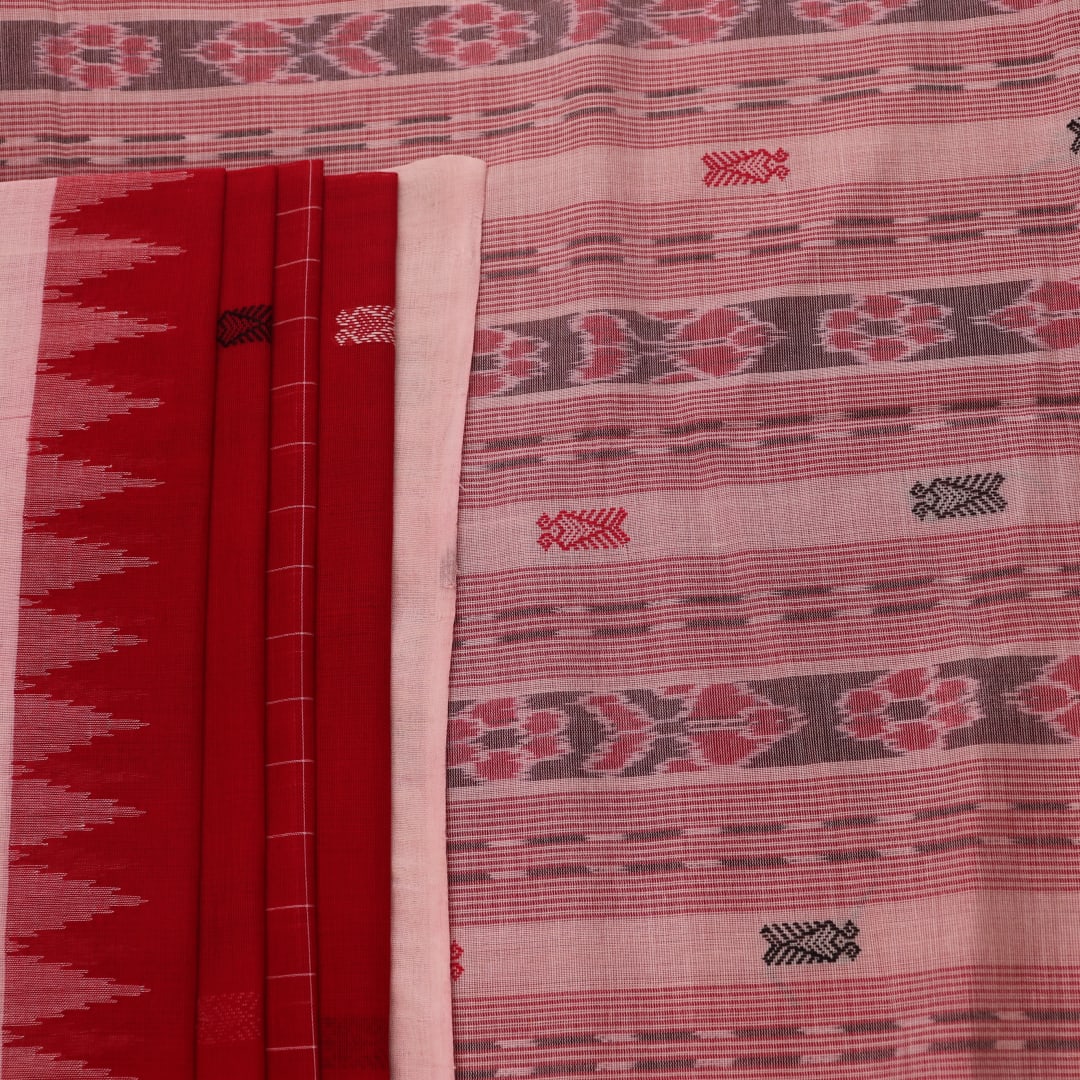 Full view of a red and white Sambalpuri cotton saree with all-over butta pattern.