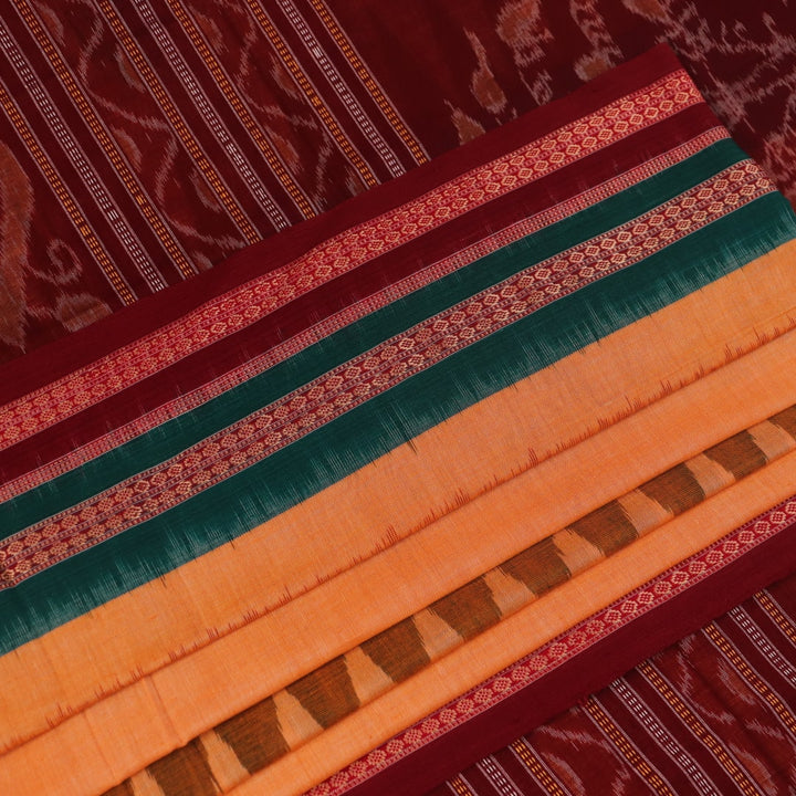 Full view of a yellow and maroon Bomkai cotton saree with butta pattern.