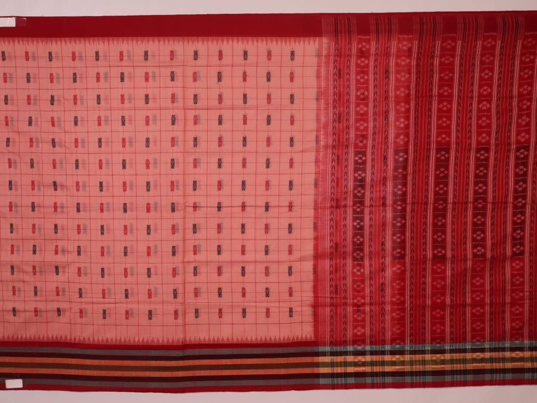 Full product view of a pink and red Sambalpuri Cotton Saree with butta pattern.