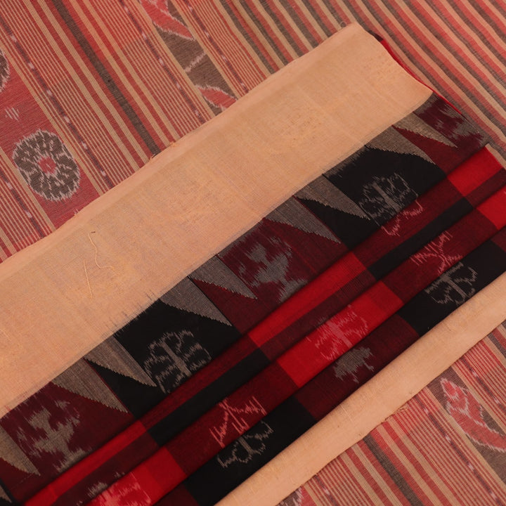 Full product view of a red and cream Sambalpuri cotton saree featuring traditional motifs.