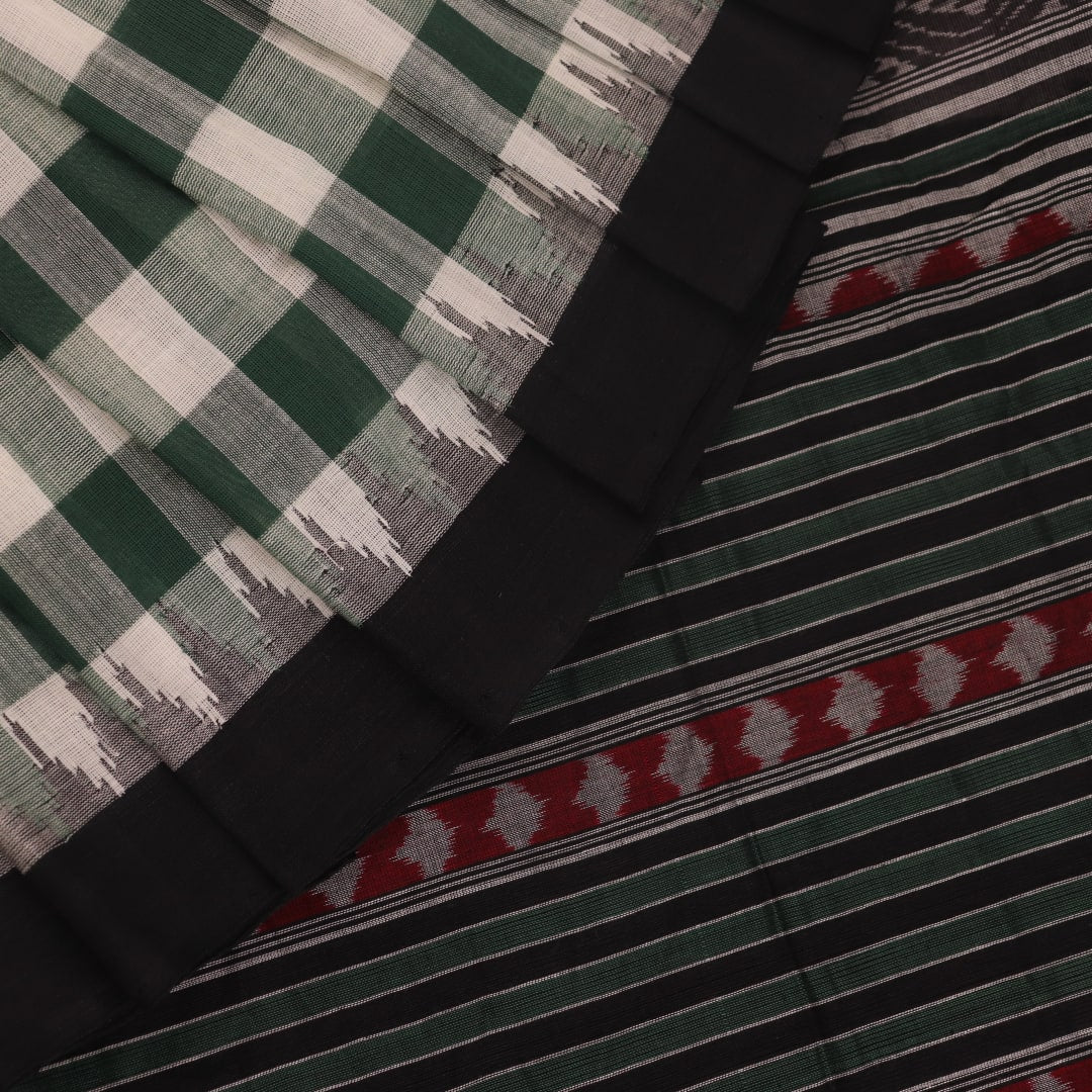Full view of a green and black Sambalpuri cotton saree with motifs.
