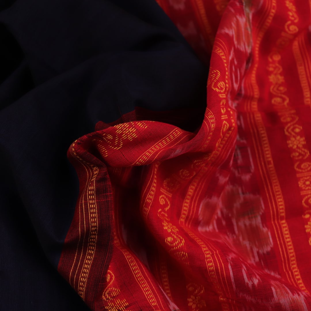Full view of a blue and red Bomkai Cotton Saree with doll pattern.