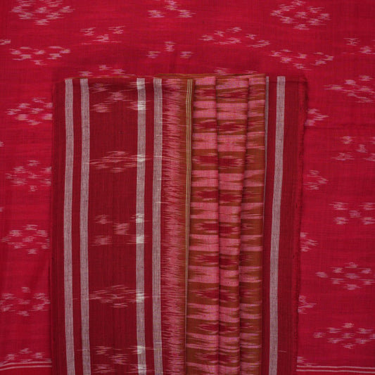 Model styled in a red multi-color Sambalpuri cotton saree featuring traditional hand-woven ikat motifs.
