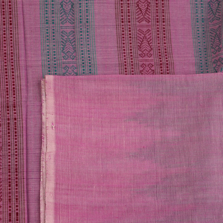Full view of a plain handloom Sambalpuri cotton saree in green and peach.