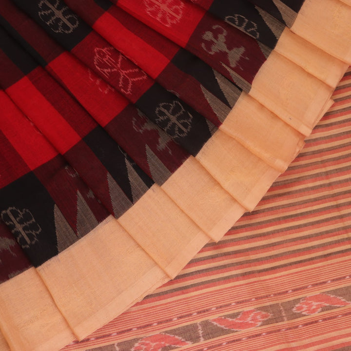 Full product view of a red and cream Sambalpuri cotton saree featuring traditional motifs.