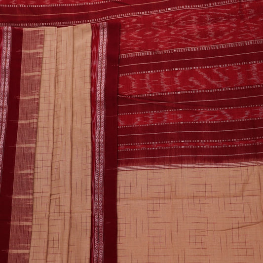 Draped plain cream and maroon Sambalpuri cotton saree.