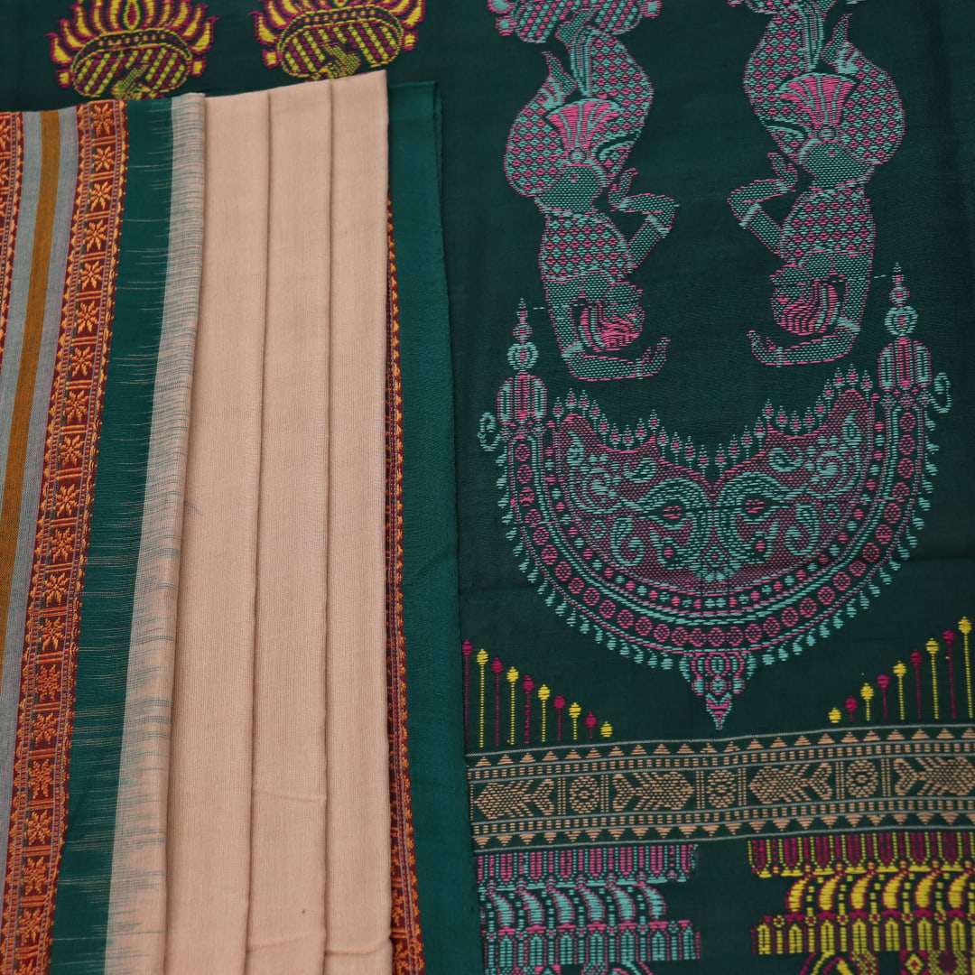 Full view of a cream and green cotton Bomkai Saree with butta pattern.