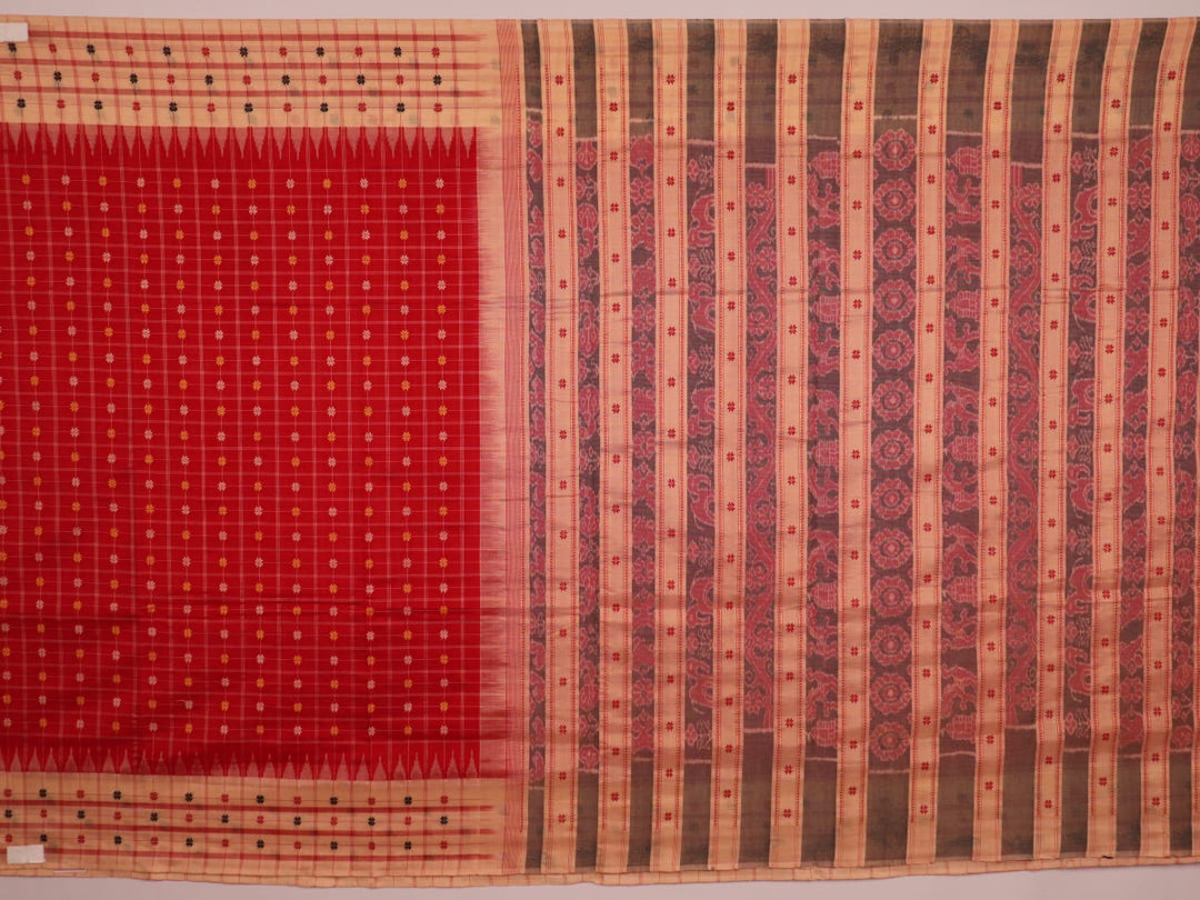 Full body view of a vibrant red cotton Sambalpuri saree featuring intricate butta patterns and a cream border.