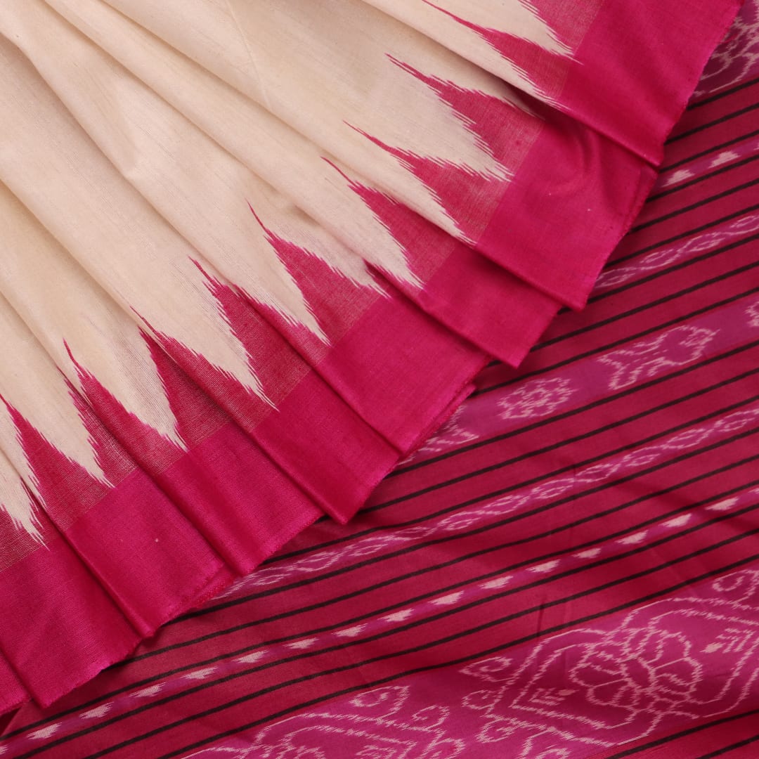Close-up of plain white and black handloom Tussar Silk saree fabric texture.