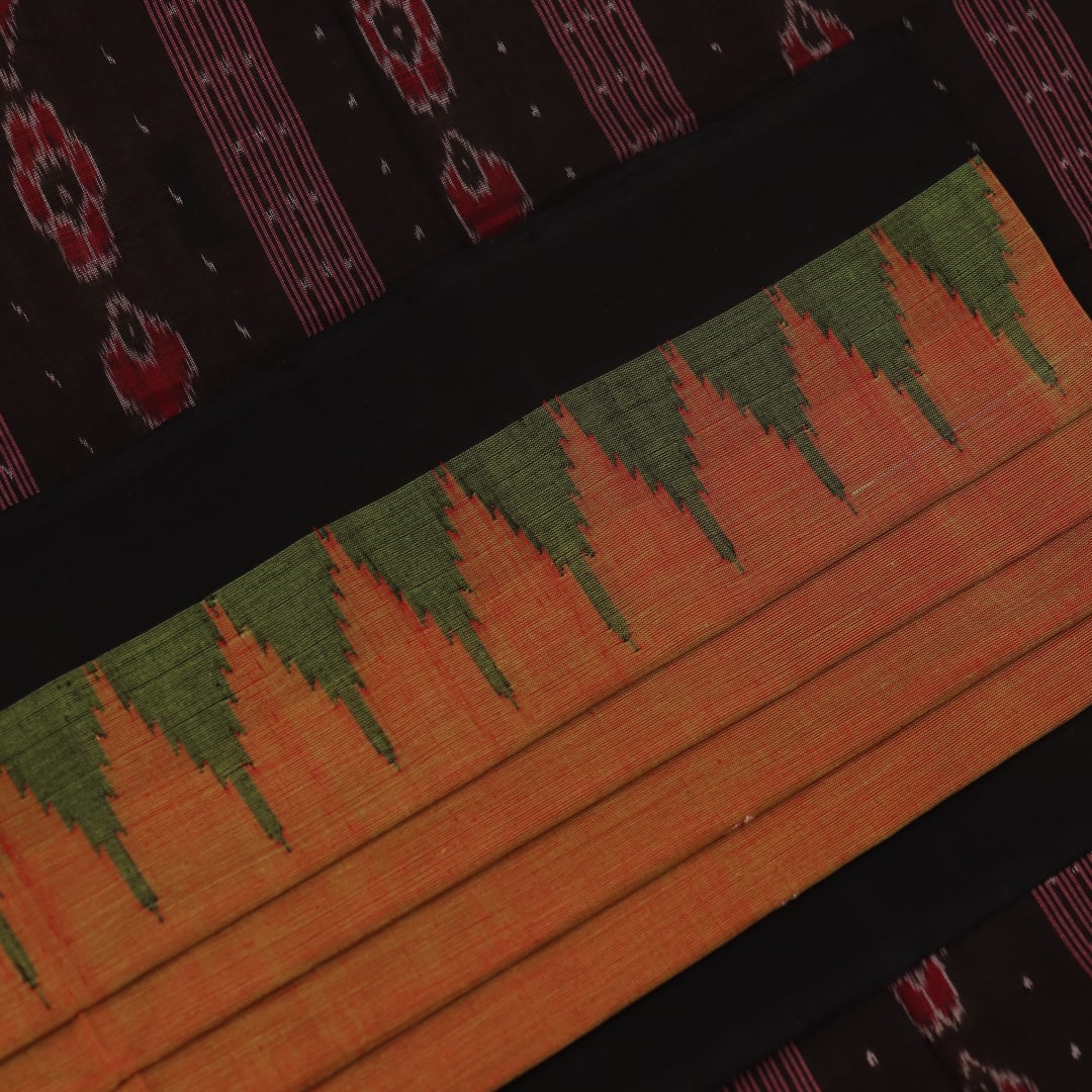 Full view of a multi-color and black Sambalpuri cotton saree with butta pattern.