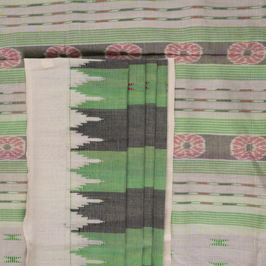Full-length layout of the green and white striped Sambalpuri cotton saree showing the complete design.