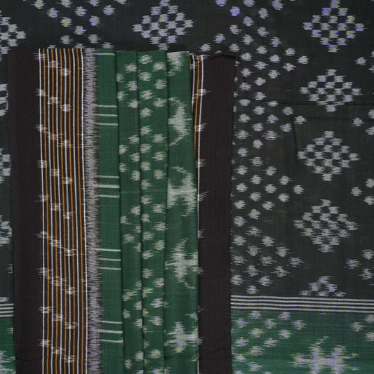 Elegant model draping a green and black Sambalpuri cotton saree with traditional Odisha handloom motifs.