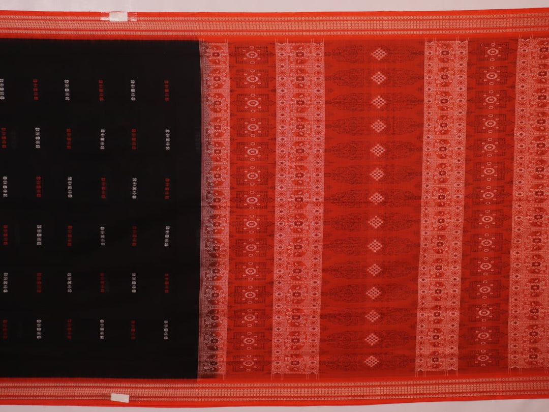 Full view of a black and orange Bomkai cotton handloom saree with butta pattern.
