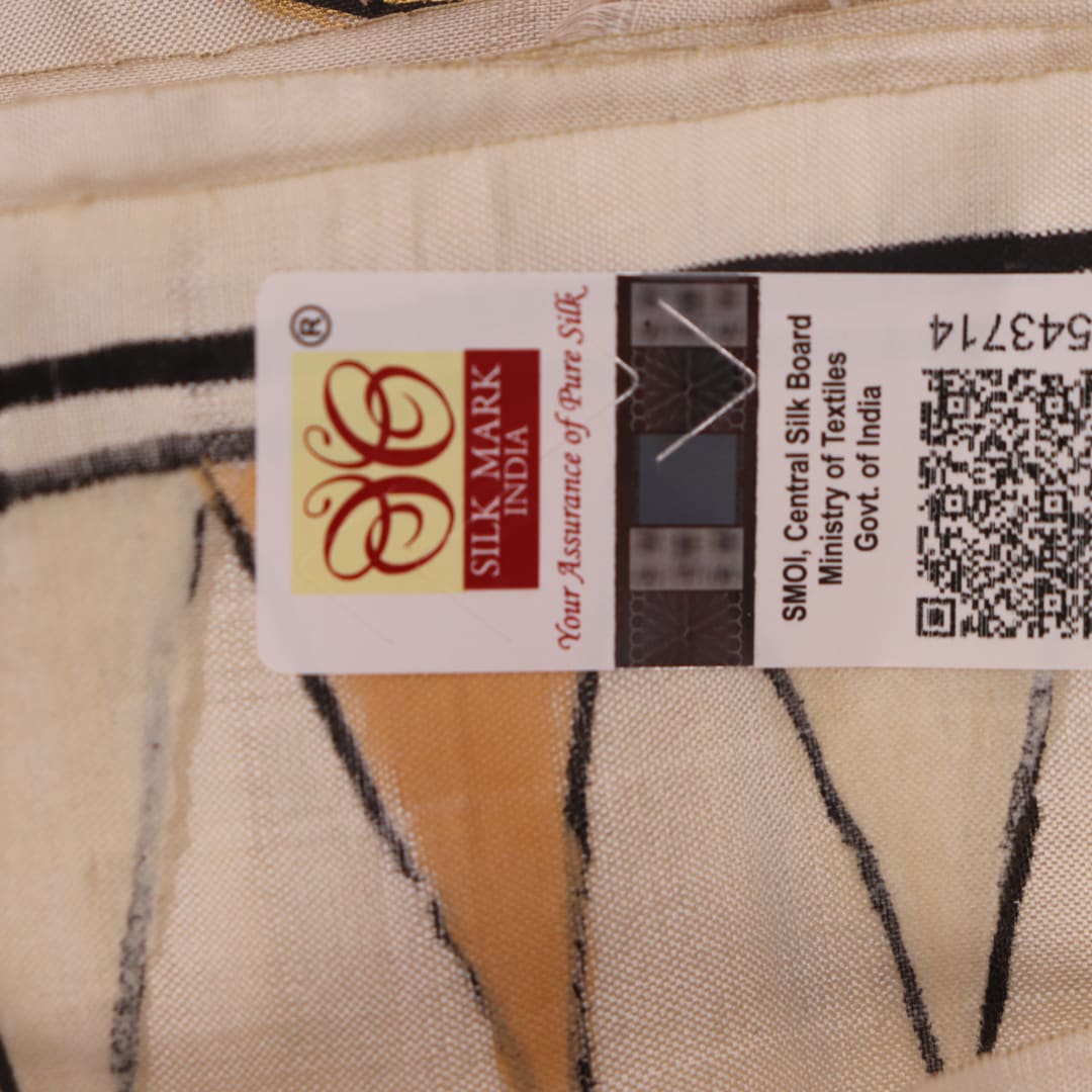 Close-up of white silk Patachitra saree, showcasing the handloom fabric's texture and subtle paint details.
