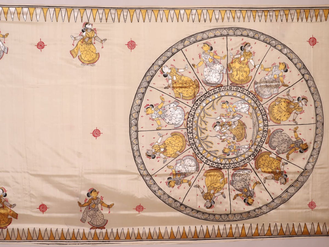Close-up of white silk Patachitra saree, showcasing the handloom fabric's texture and subtle paint details.