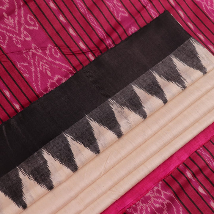 Close-up of plain white and black handloom Tussar Silk saree fabric texture.