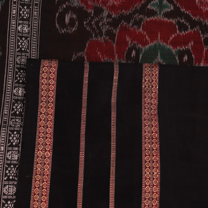 Full view of a yellow and black Sambalpuri cotton saree with butta pattern.
