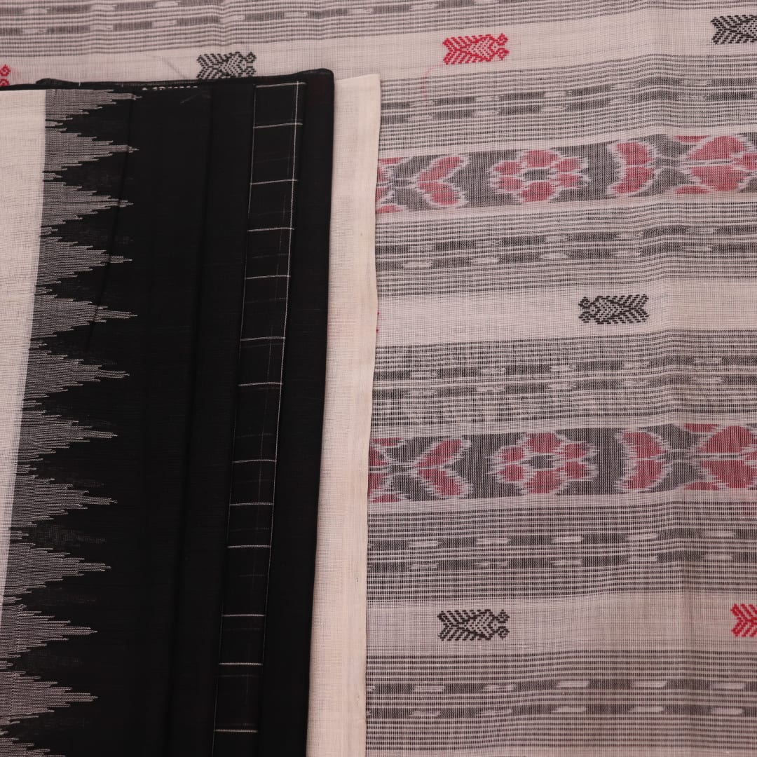 Full view of a Black and White Sambalpuri Cotton Saree with Butta pattern.